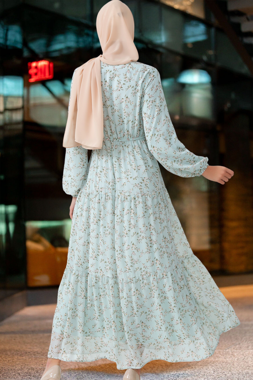 Mint green floral maxi dress with hijab from Dreamy Blue Floral Tiered Maxi Dress collection