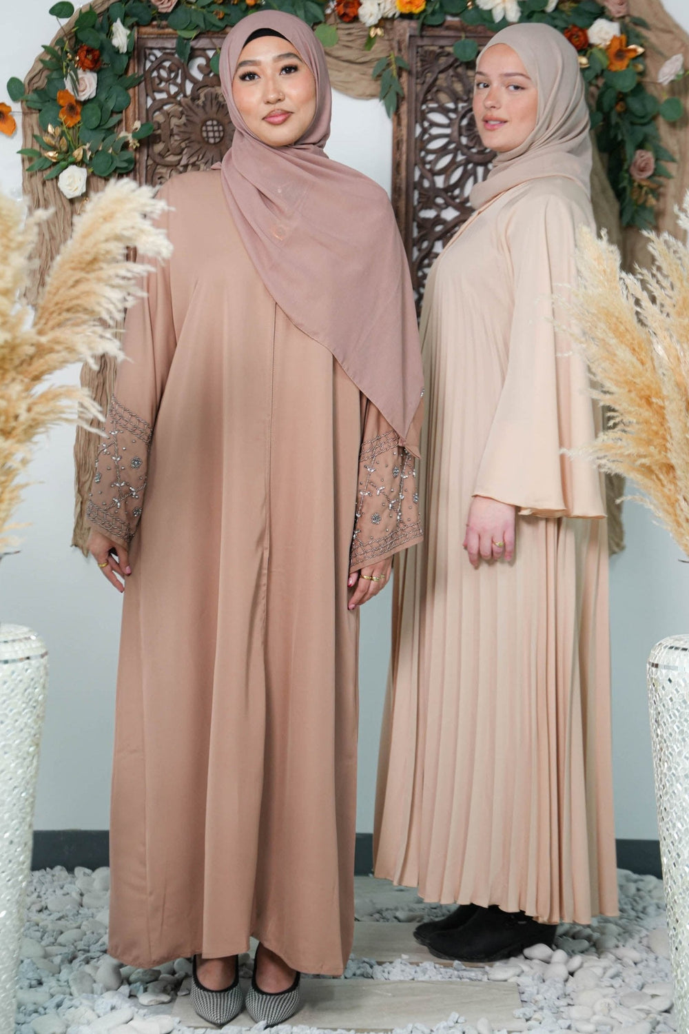 Dusty Pink Beaded Kimono Sleeves Open Front Abaya