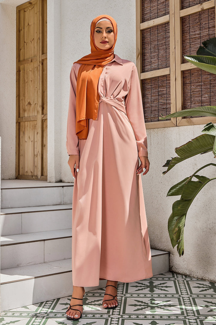 Woman in a Dusty Pink Criss Cross Button Down Maxi Dress with hijab