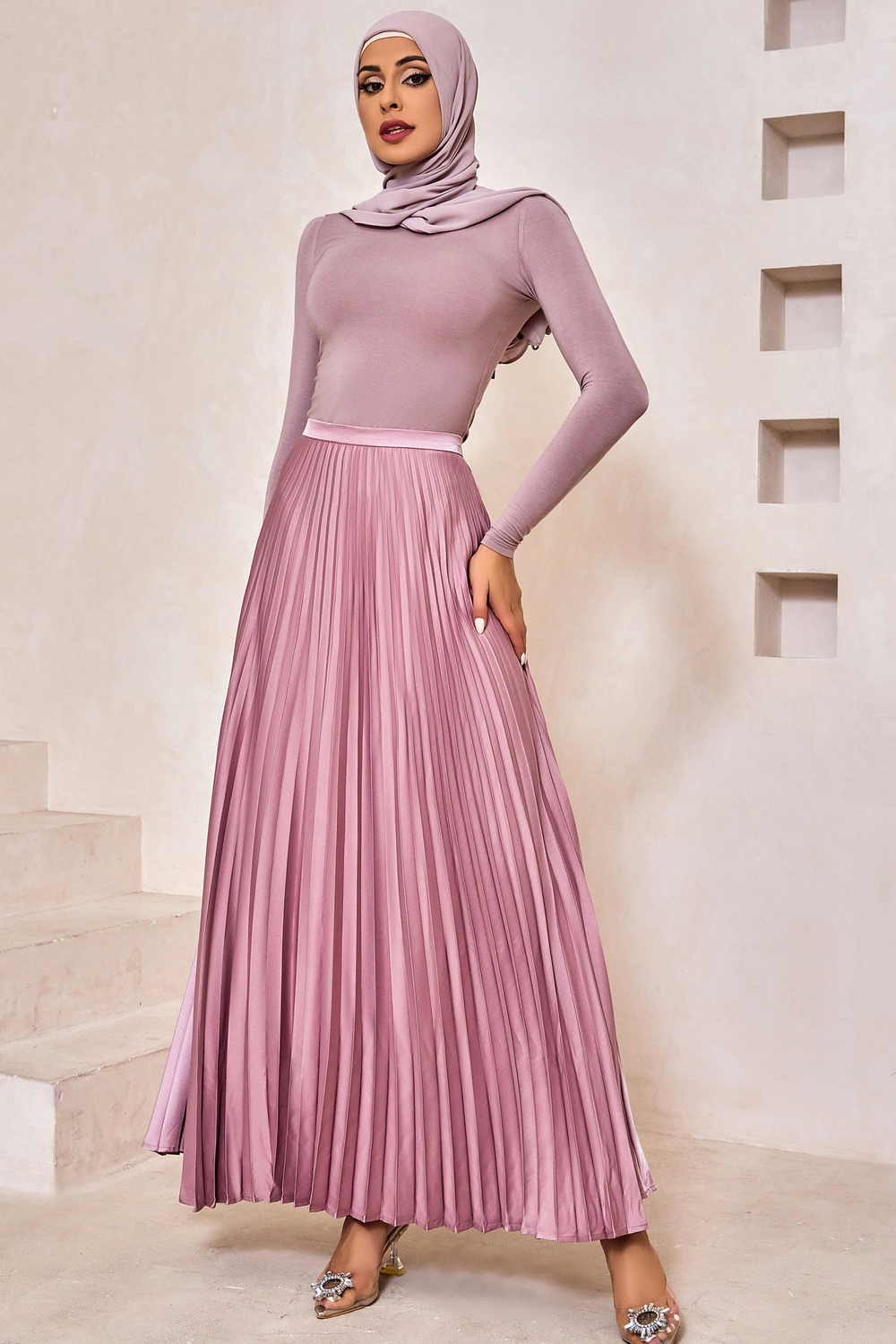 Dusty Pink Satin Pleated Maxi Skirt-CLEARANCE