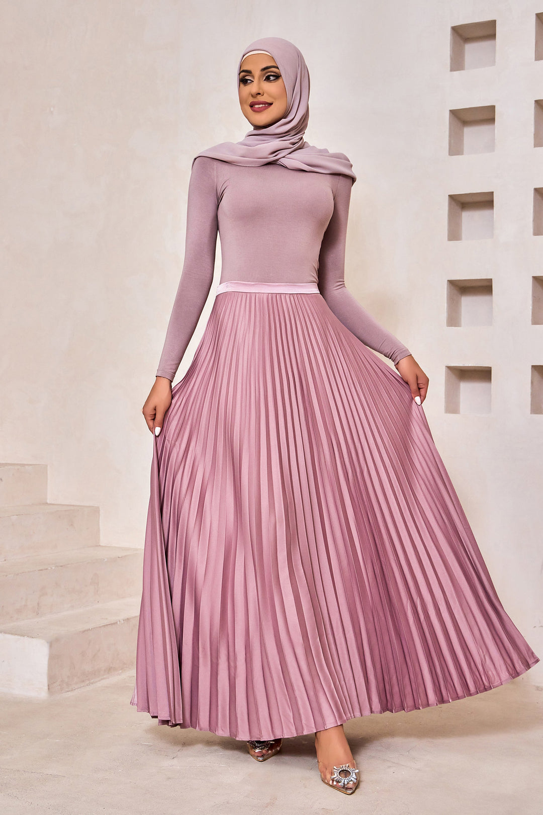 Dusty Pink Satin Pleated Maxi Skirt-CLEARANCE