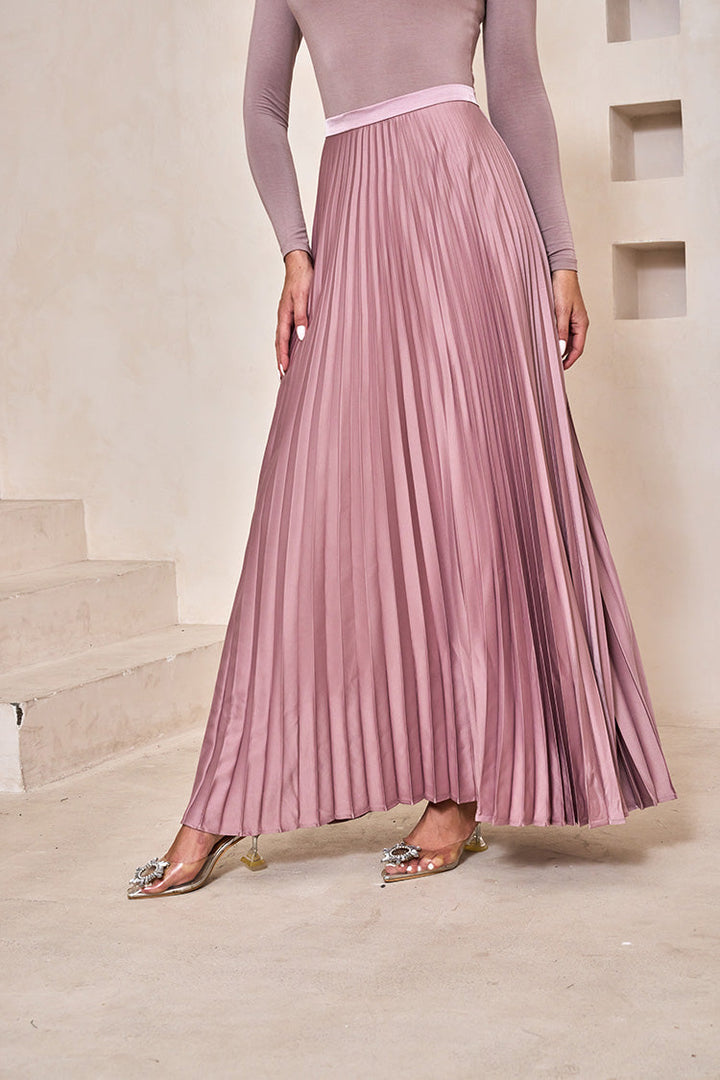 Dusty Pink Satin Pleated Maxi Skirt-CLEARANCE