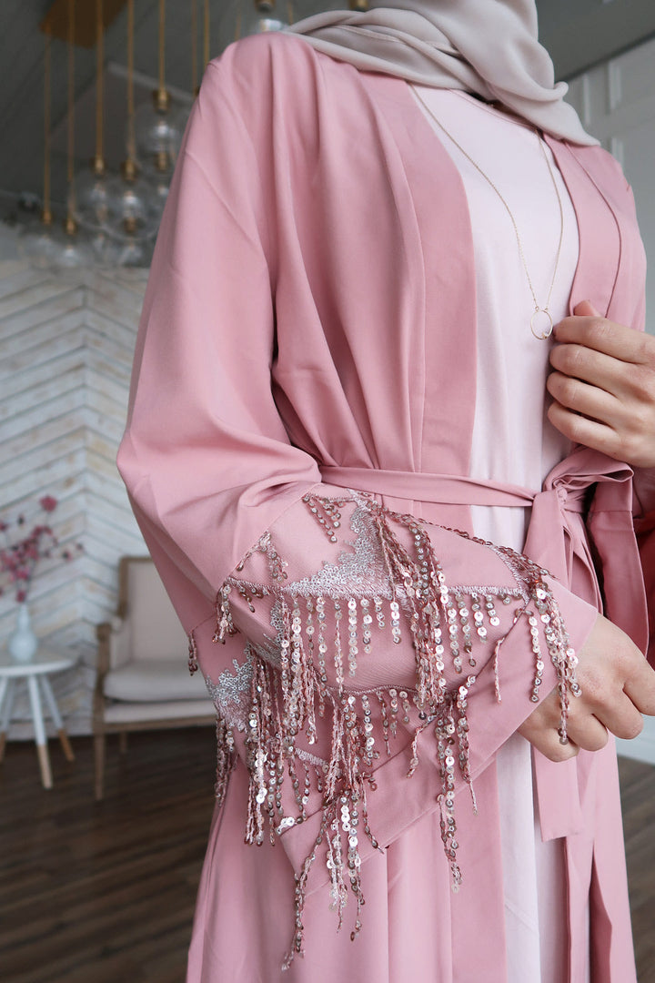 Dusty Pink Sequin Fringe Open Front Abaya features shimmering pink sequin fringe