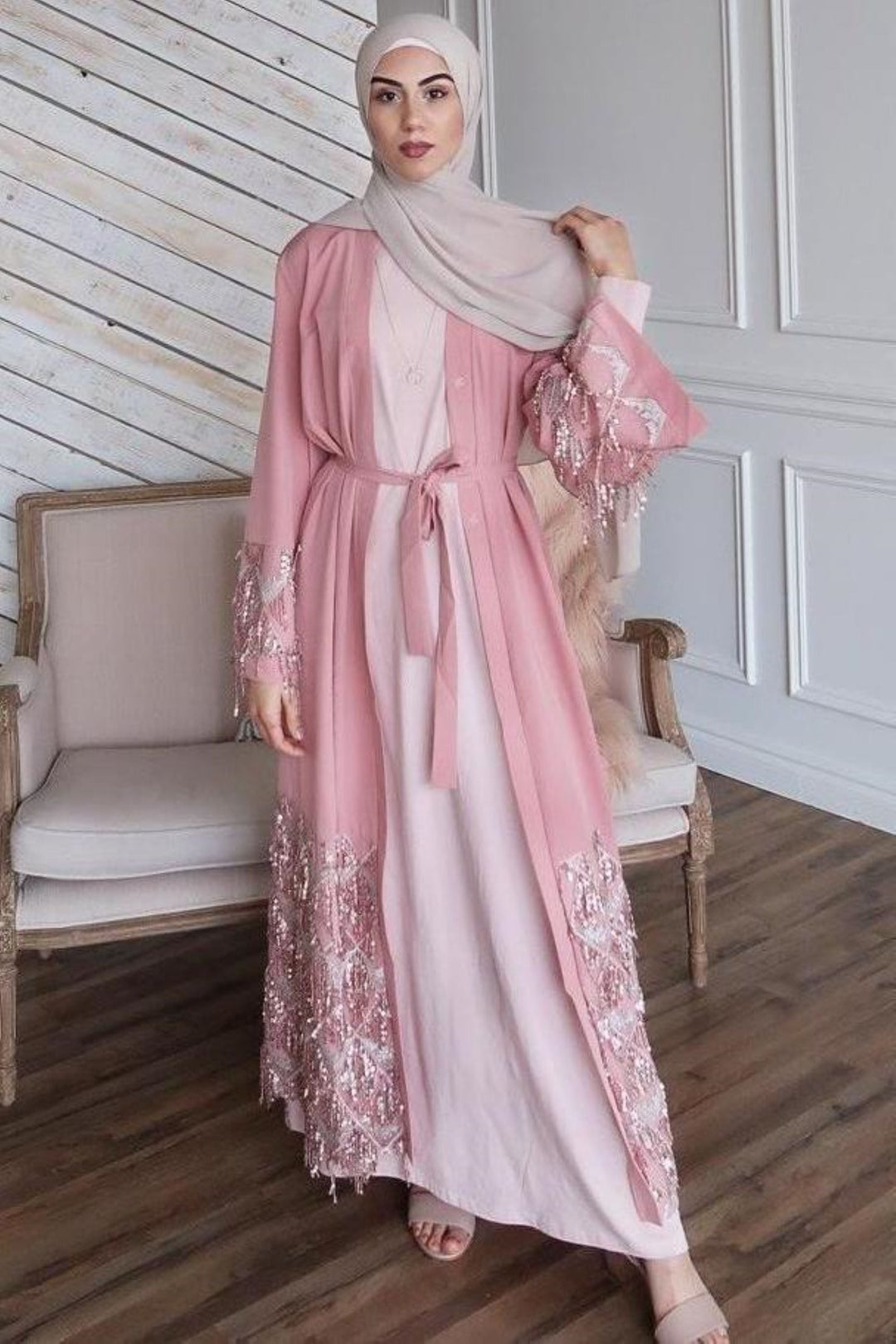 Woman wearing Dusty Pink Sequin Fringe Open Front Abaya and matching hijab