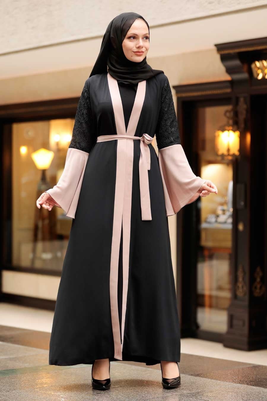 Dusty Pink Trim Lace Open Abaya - Abayas