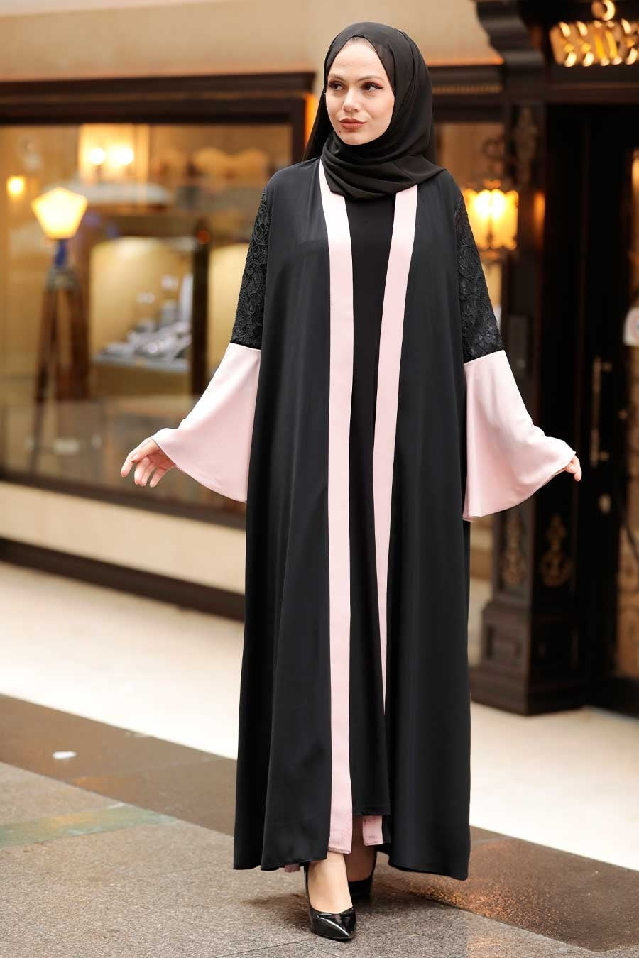 Dusty Pink Trim Lace Open Abaya - Abayas