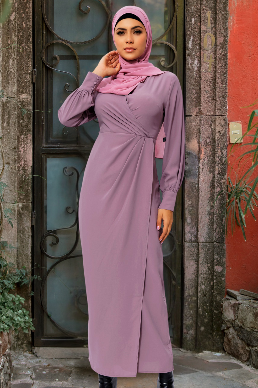 Mauve modest dress with matching hijab in Dusty Purple Wrap Maxi Dress style