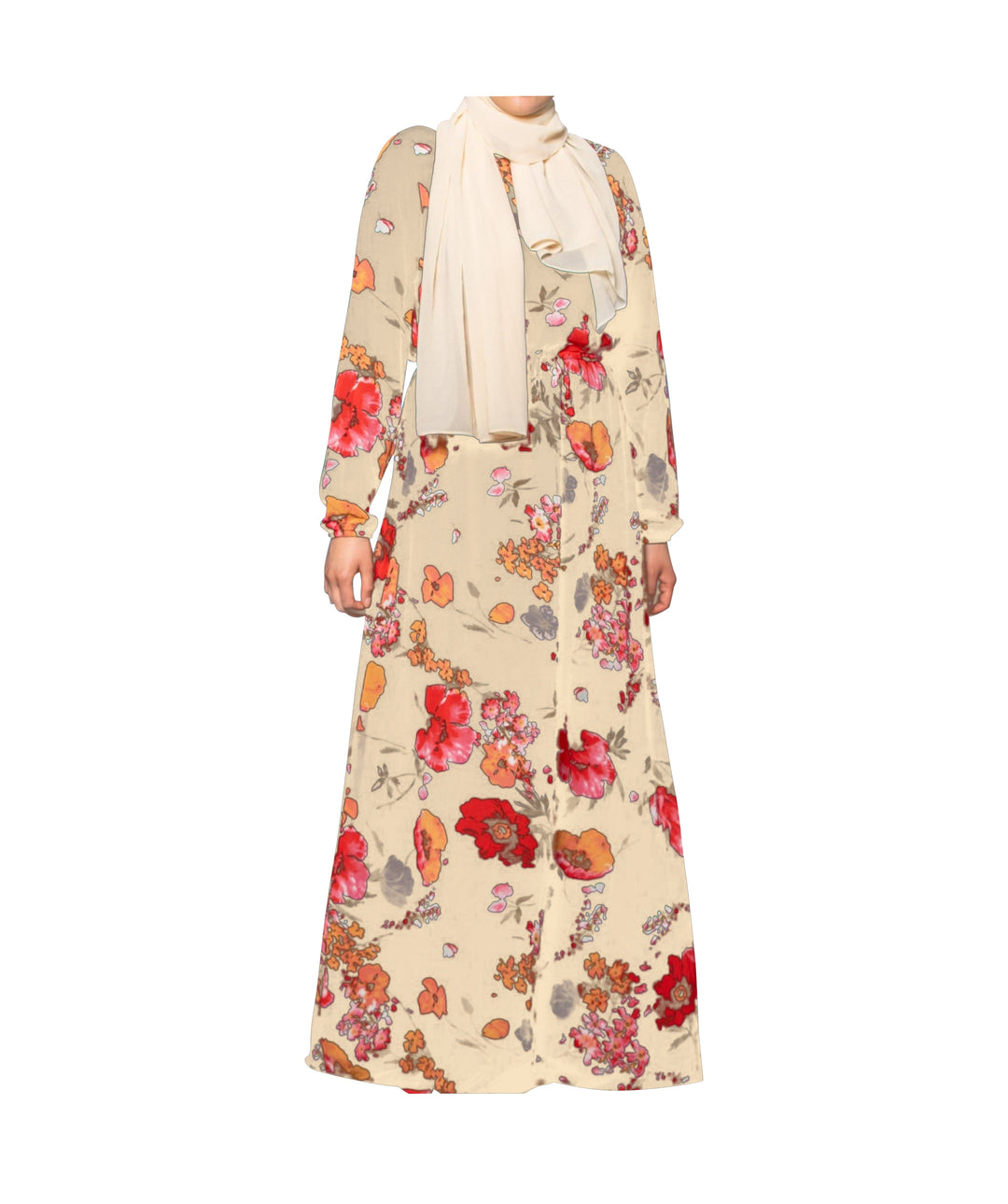 Floral print maxi dress with matching hijab featuring elastic cuff and drawstring design