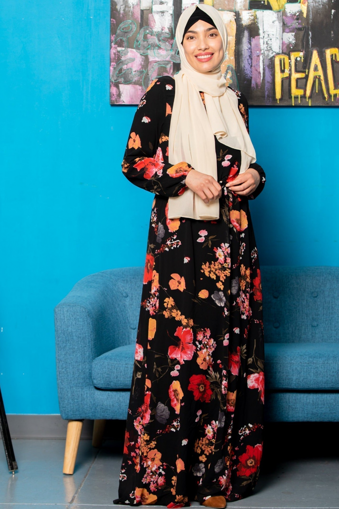 Floral Drawstring Maxi Dress with hijab showcasing elastic cuff design on clearance