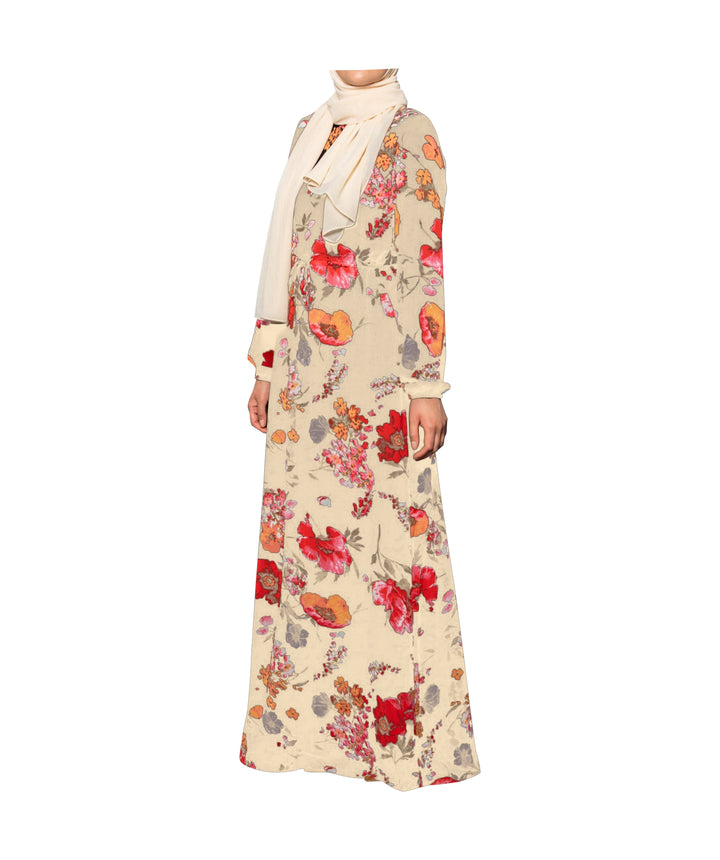 Floral Drawstring Maxi Dress with Hijab and Elastic Cuff for elegant summer fashion