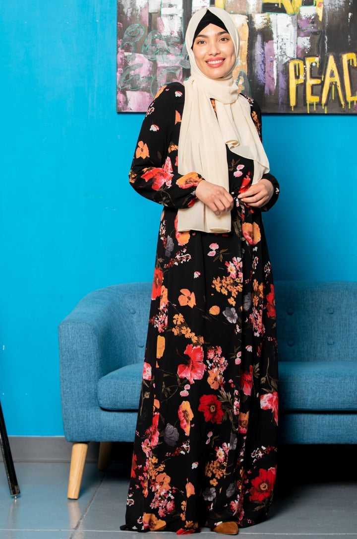 Floral Drawstring Maxi Dress with hijab featuring elastic cuff for a stylish look