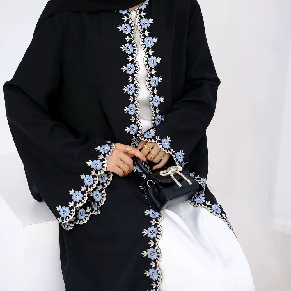 Floral Embroidered Open Front Abaya - Abayas