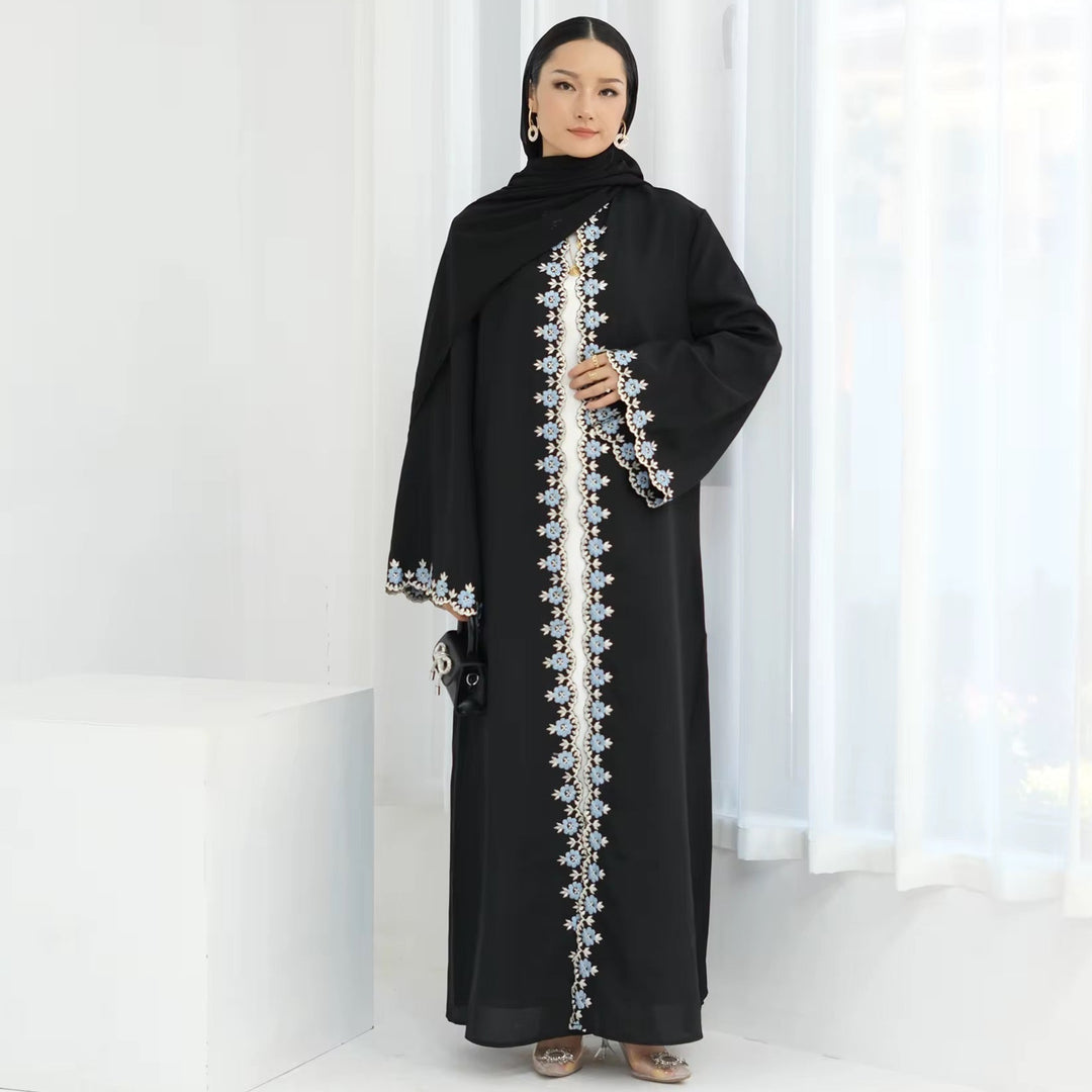 Floral Embroidered Open Front Abaya - Abayas