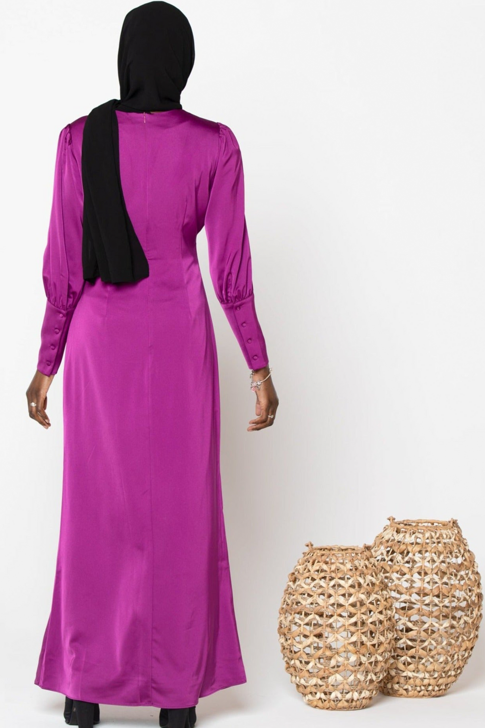 Fuchsia Satin Long Sleeve Maxi Dress featuring a vibrant magenta hue and elegant design