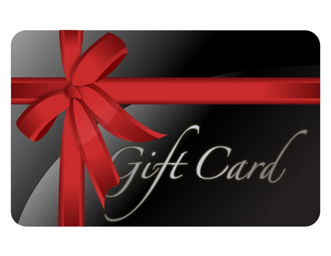 Black gift card with red ribbon for Urban Modesty’s stylish gift cards