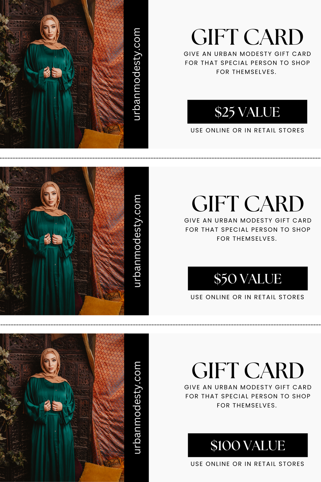 Urban Modesty gift cards beautifully displayed in a stylish product presentation