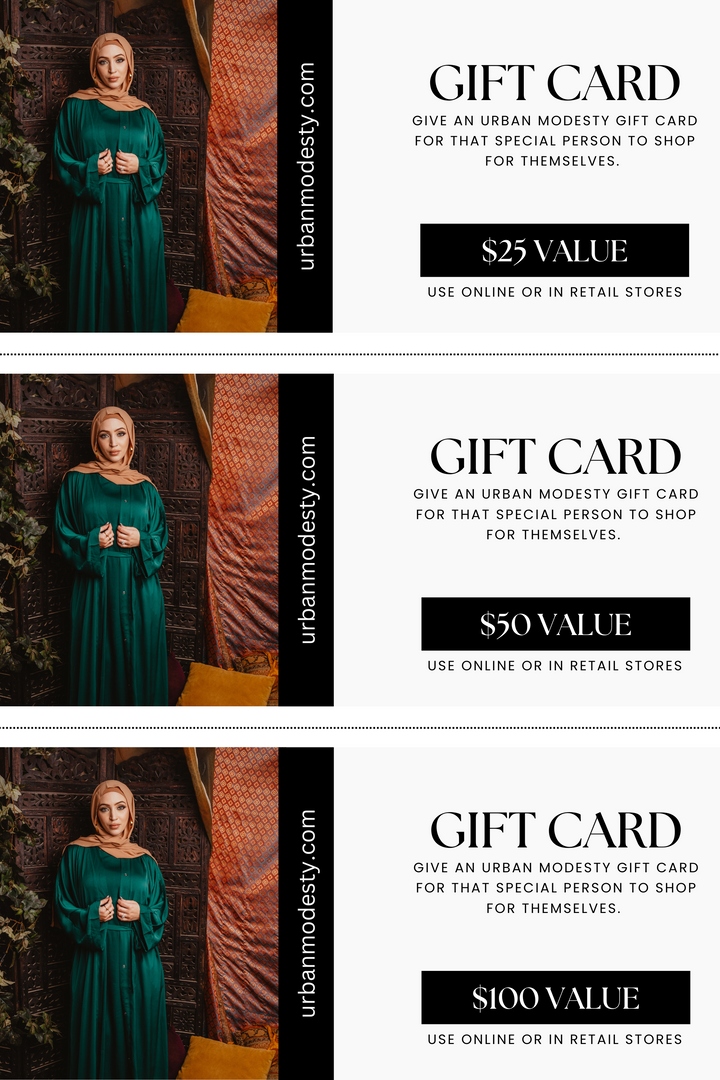 Urban Modesty gift cards displayed as a stylish gift card for any occasion