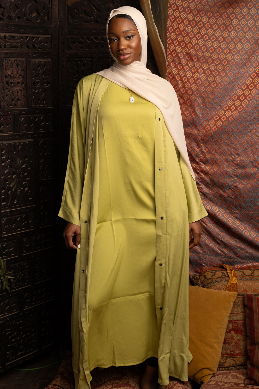 Chartreuse modest dress and hijab in a Grass Green Sleeveless Dress and Open Abaya Set