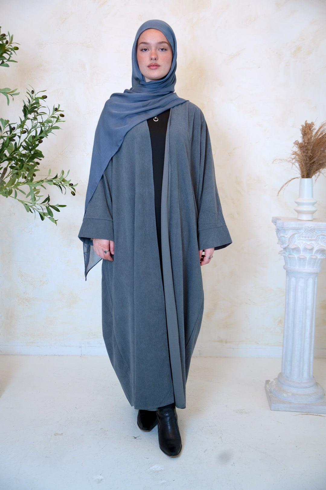 Gray Corduroy Open Front Abaya-CLEARANCE