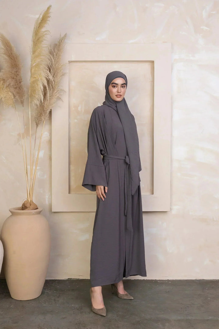 Gray Four Piece Open Abaya Set featuring a modest dress and matching hijab