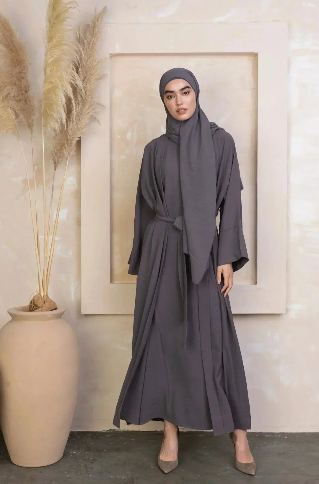 Gray Four Piece Open Abaya Set featuring a modest dress and stylish headscarf