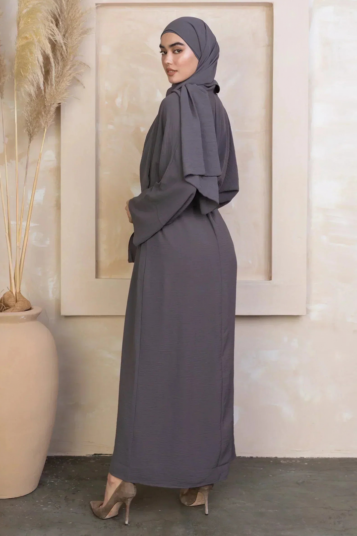 Gray Four Piece Open Abaya Set featuring a modest dress and stylish hijab