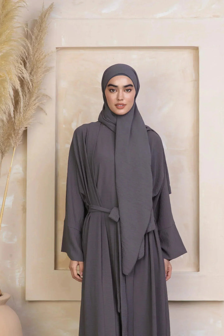 Gray modest dress with hijab in a stylish Four Piece Open Abaya Set