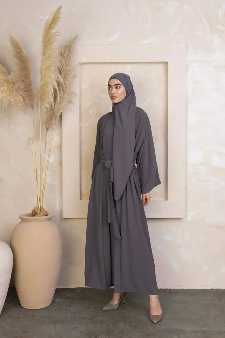 Gray modest dress with hijab in a stylish Four Piece Open Abaya Set