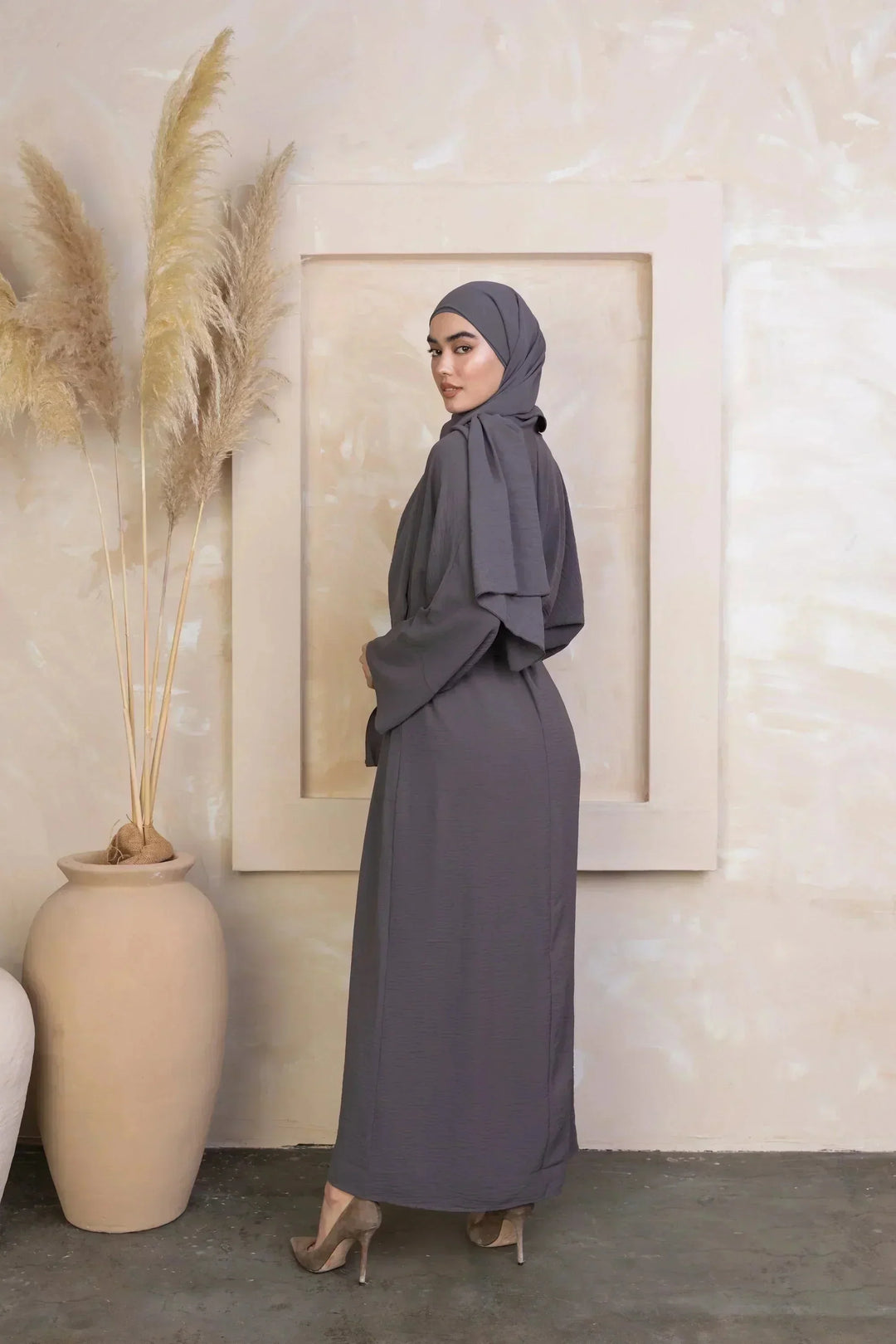 Gray modest dress with hijab in a stylish Gray Four Piece Open Abaya Set