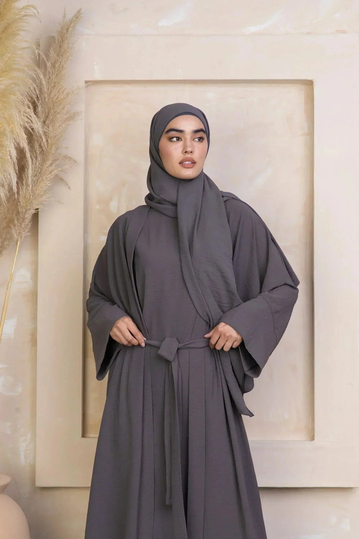 Gray Four Piece Open Abaya Set featuring a modest dress and hijab