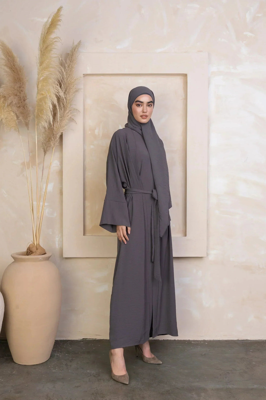 Gray Four Piece Open Abaya Set