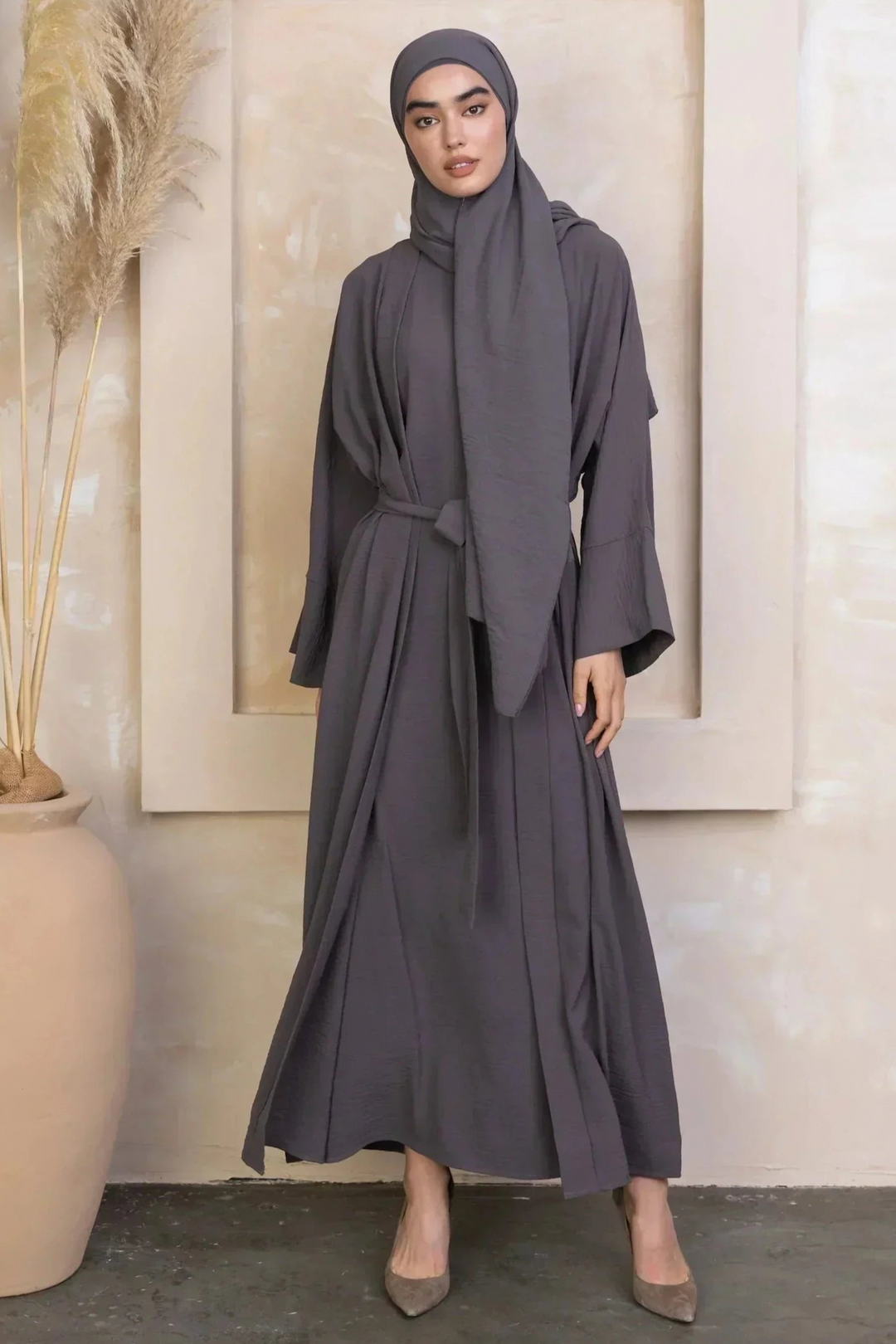 Gray Four Piece Open Abaya Set featuring a modest dress and stylish headscarf