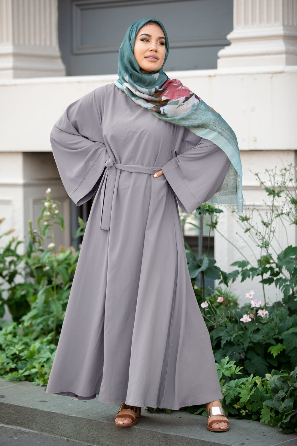 Woman in a gray dress and patterned hijab wearing Gray Kimono Sleeve Abaya Maxi Dress