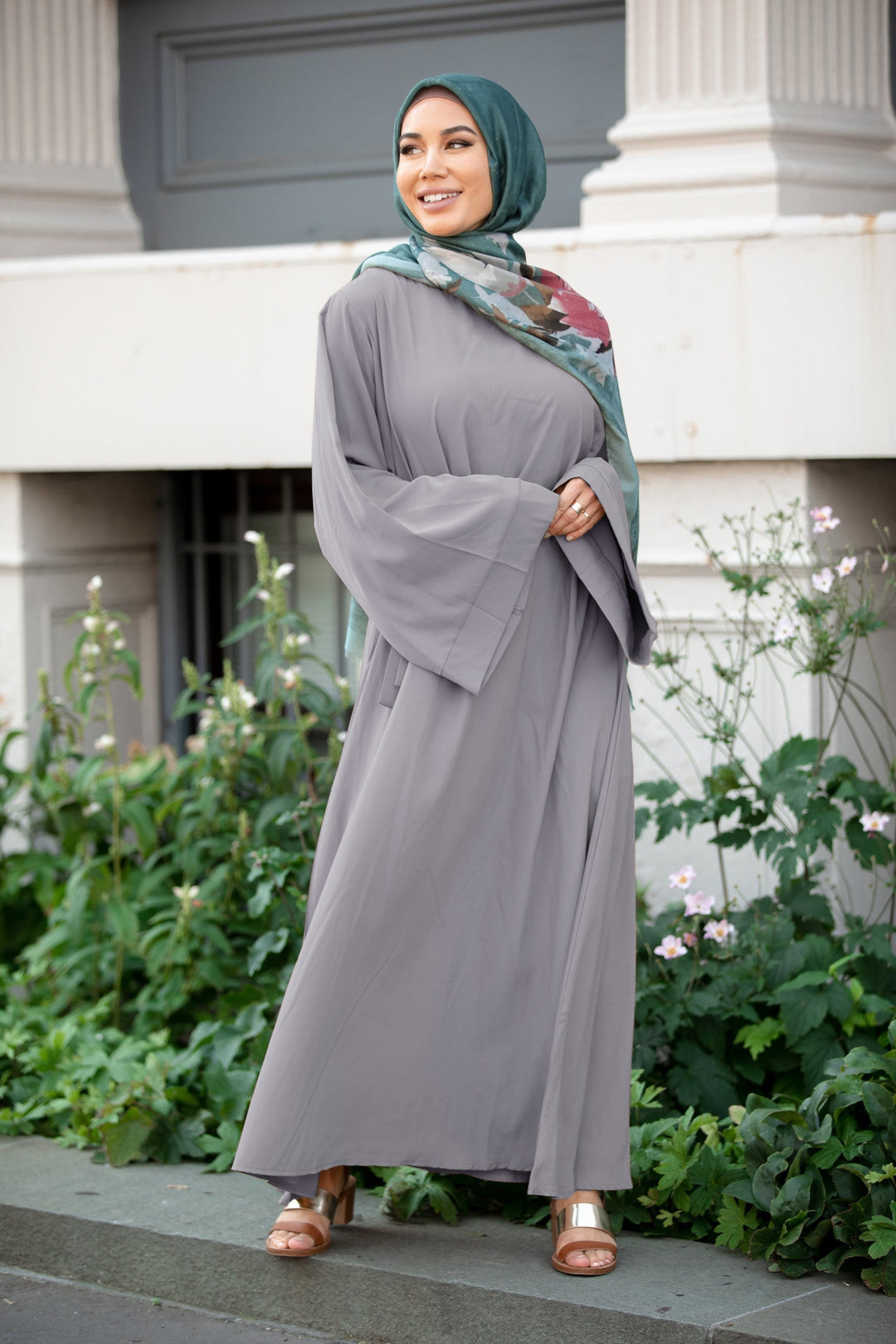 Modest Gray Kimono Sleeve Abaya Maxi Dress with Fabric Tie Belt and Green Hijab