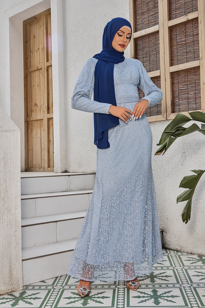 Elegant blue lace modest dress with hijab from Gray Lace Ruched Waist Long Sleeve Gown