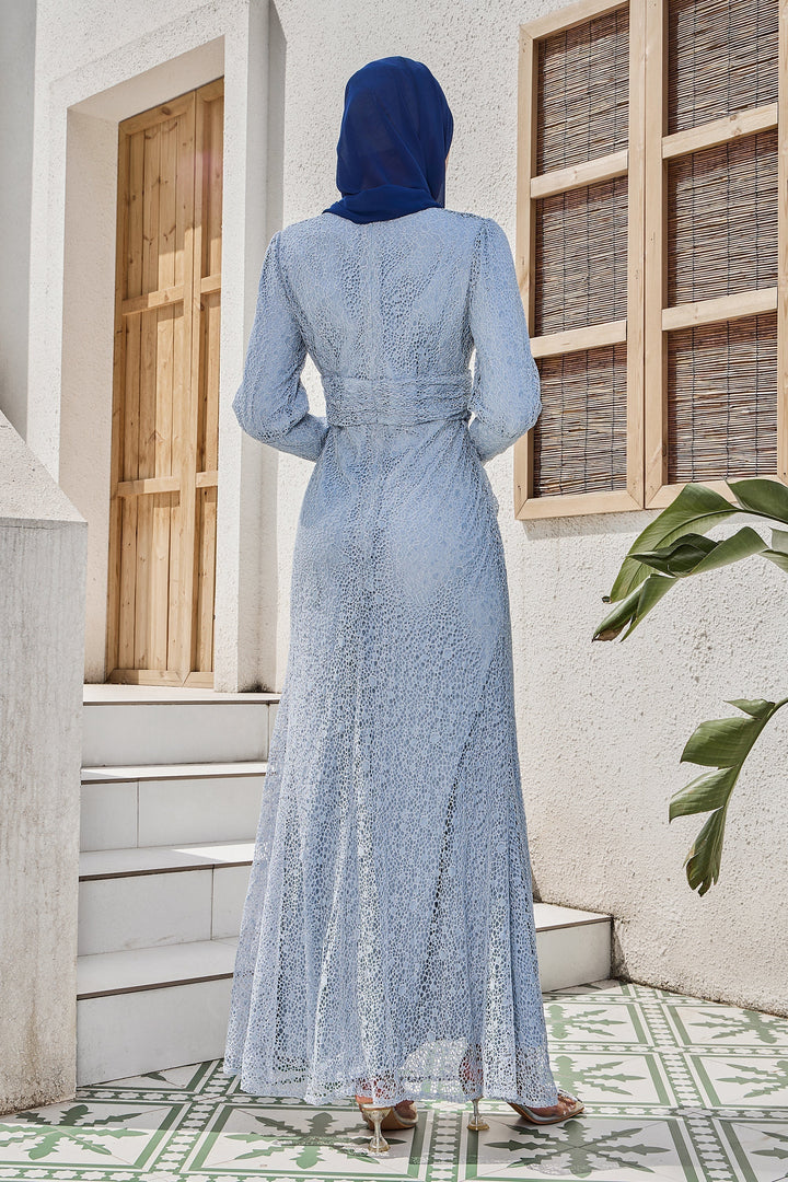 Blue lace maxi dress with hijab showcased with Gray Lace Ruched Waist Long Sleeve Gown