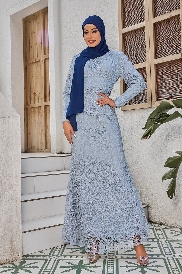 Woman in blue lace dress and hijab modeling Gray Lace Ruched Waist Long Sleeve Gown