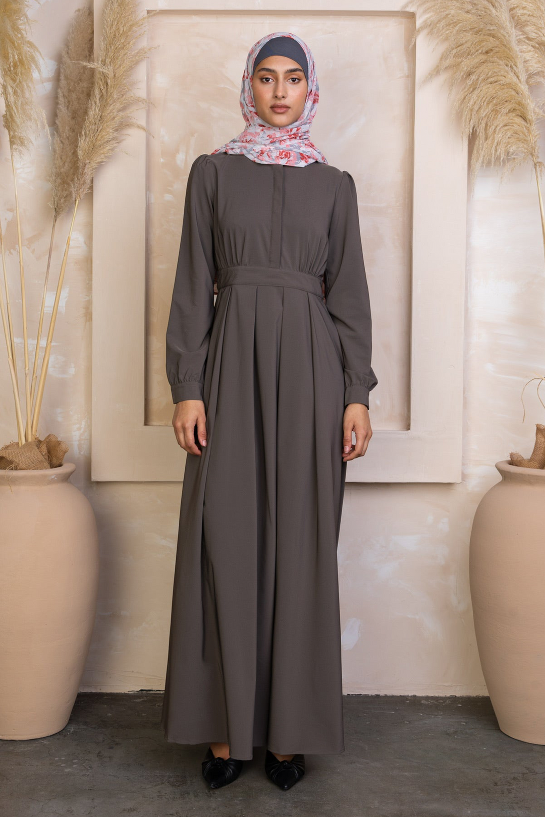 Long-sleeved pleated gray maxi dress from Gray Lattice Abaya Maxi Dress collection