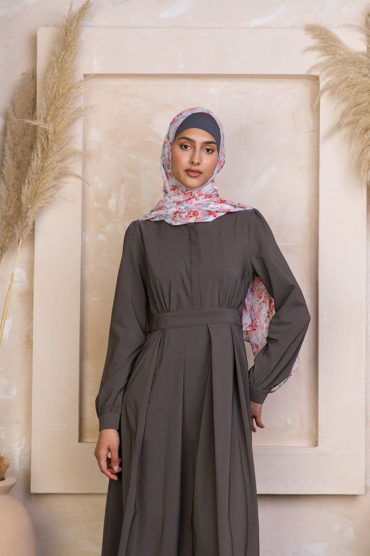 Long-sleeved gray pleated dress with floral hijab in Gray Lattice Abaya Maxi Dress