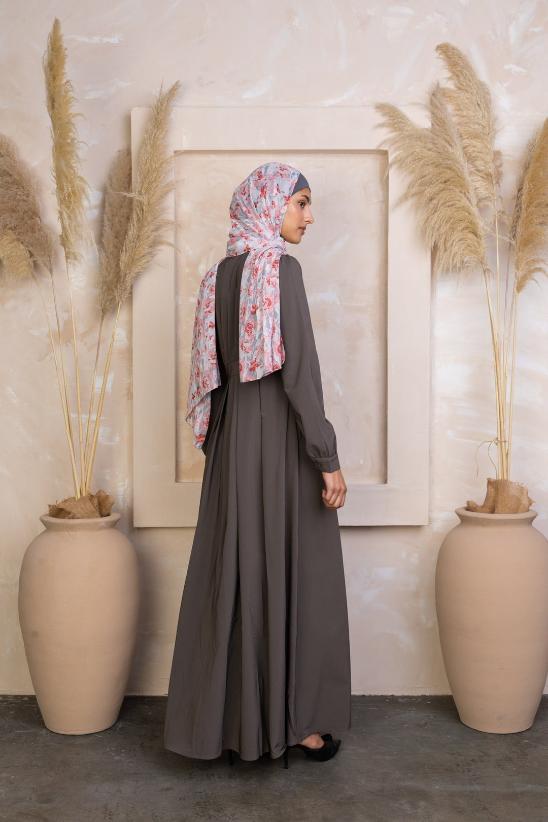 Long-sleeved olive green dress with floral hijab styled for Gray Lattice Abaya Maxi Dress