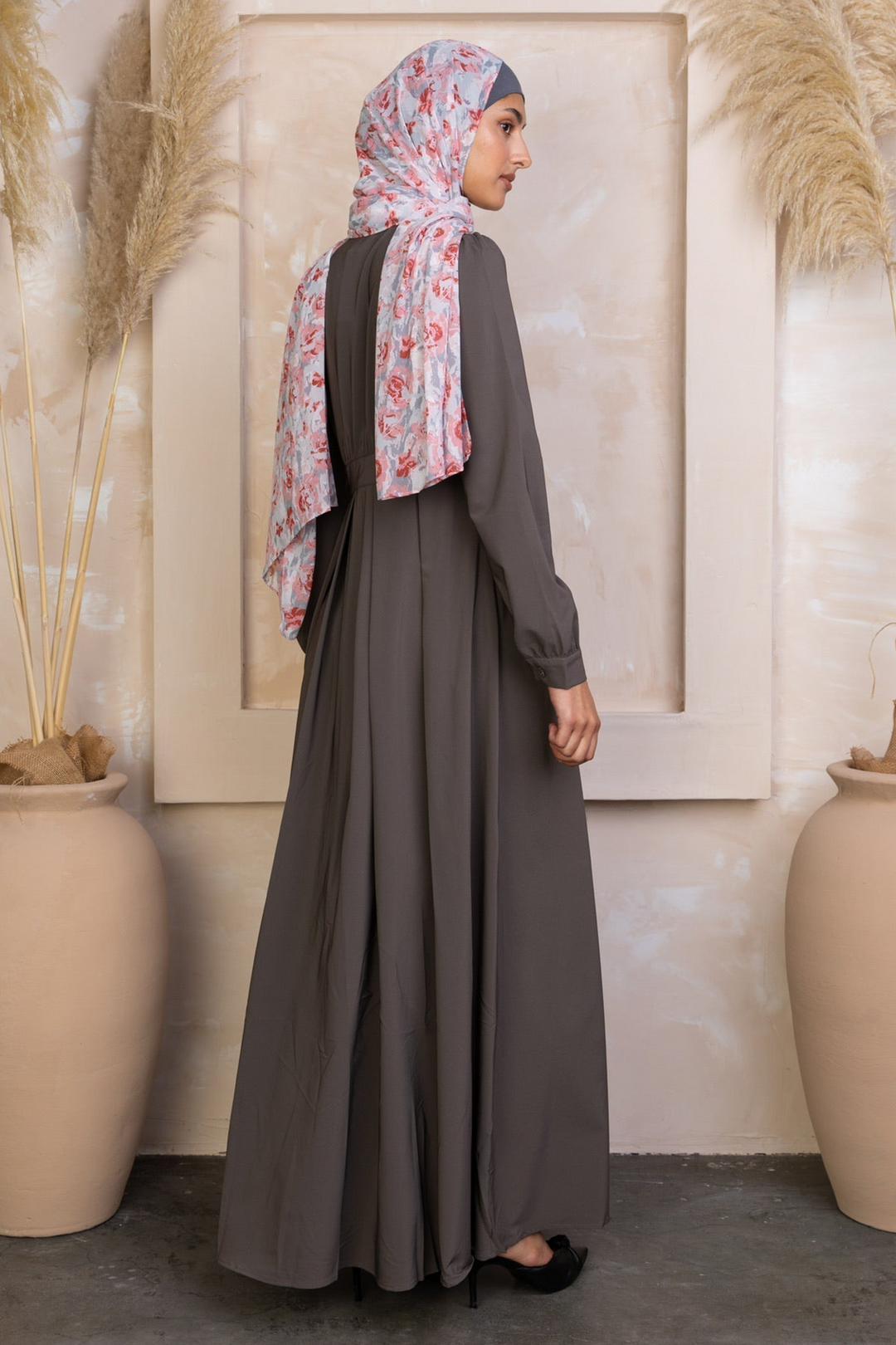 Long-sleeved gray modest dress paired with a floral hijab, Gray Lattice Abaya Maxi Dress