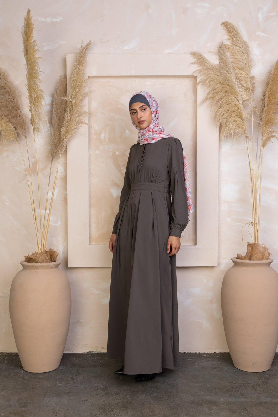 Long-sleeved gray pleated dress with floral hijab in Gray Lattice Abaya Maxi Dress style