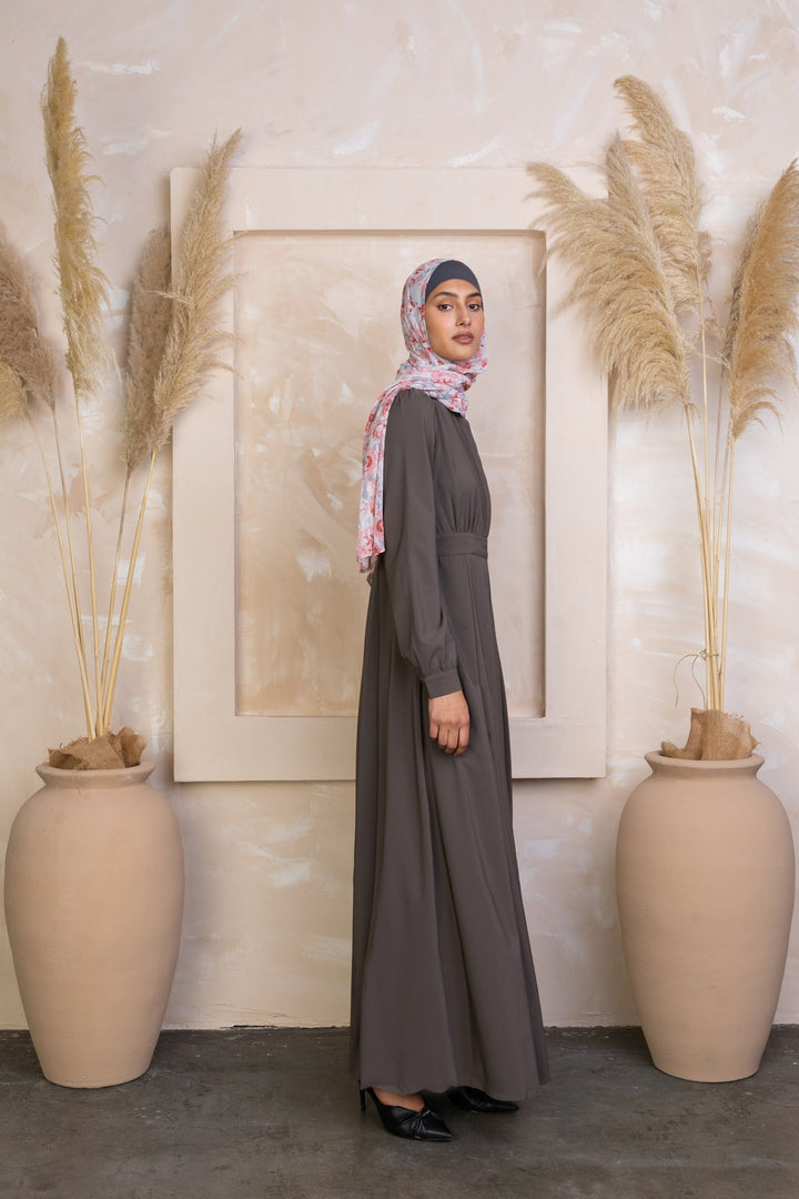 Long-sleeved gray maxi dress with floral hijab, Gray Lattice Abaya Maxi Dress