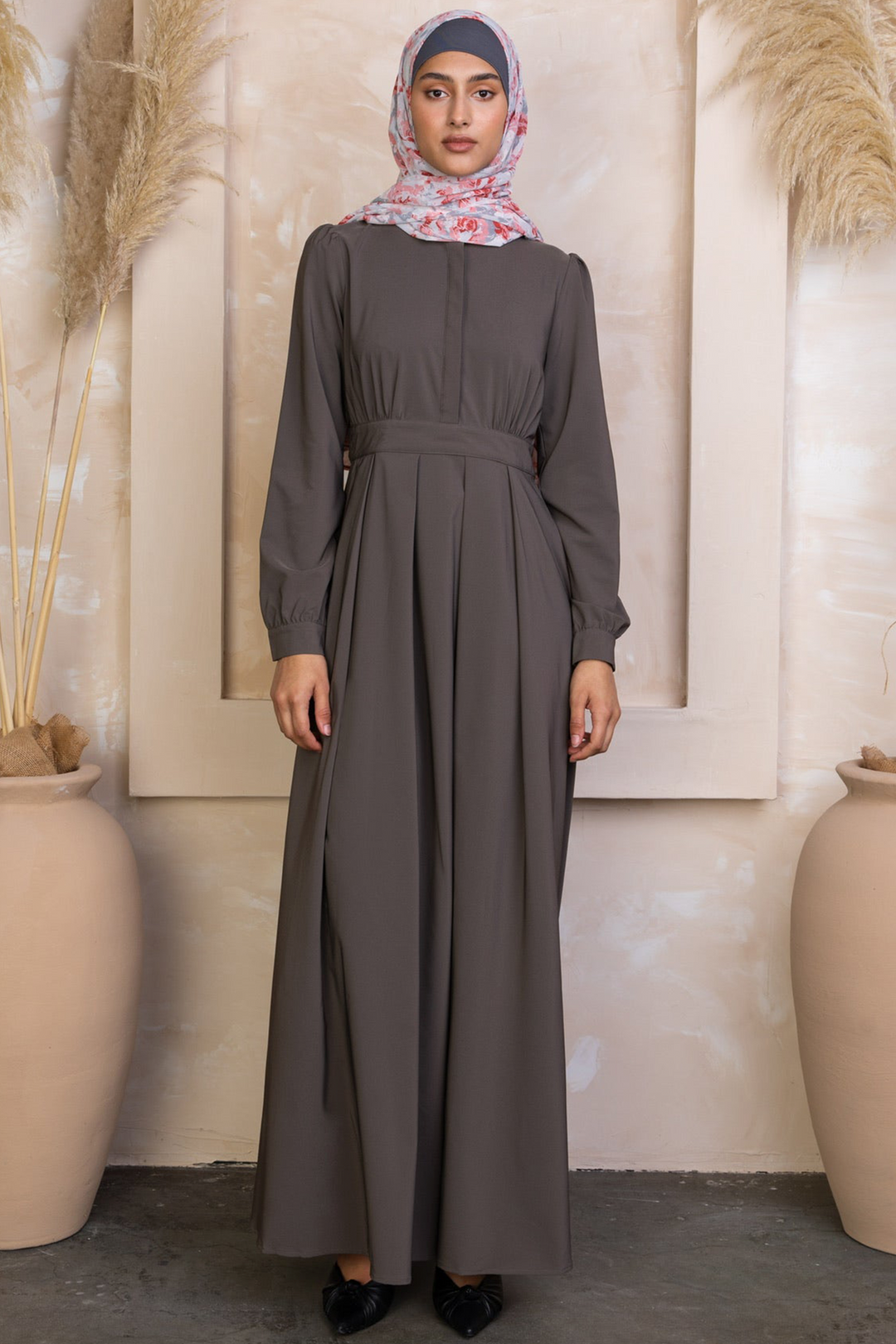 Long-sleeved gray Lattice Abaya maxi dress with floral hijab and zipper closure