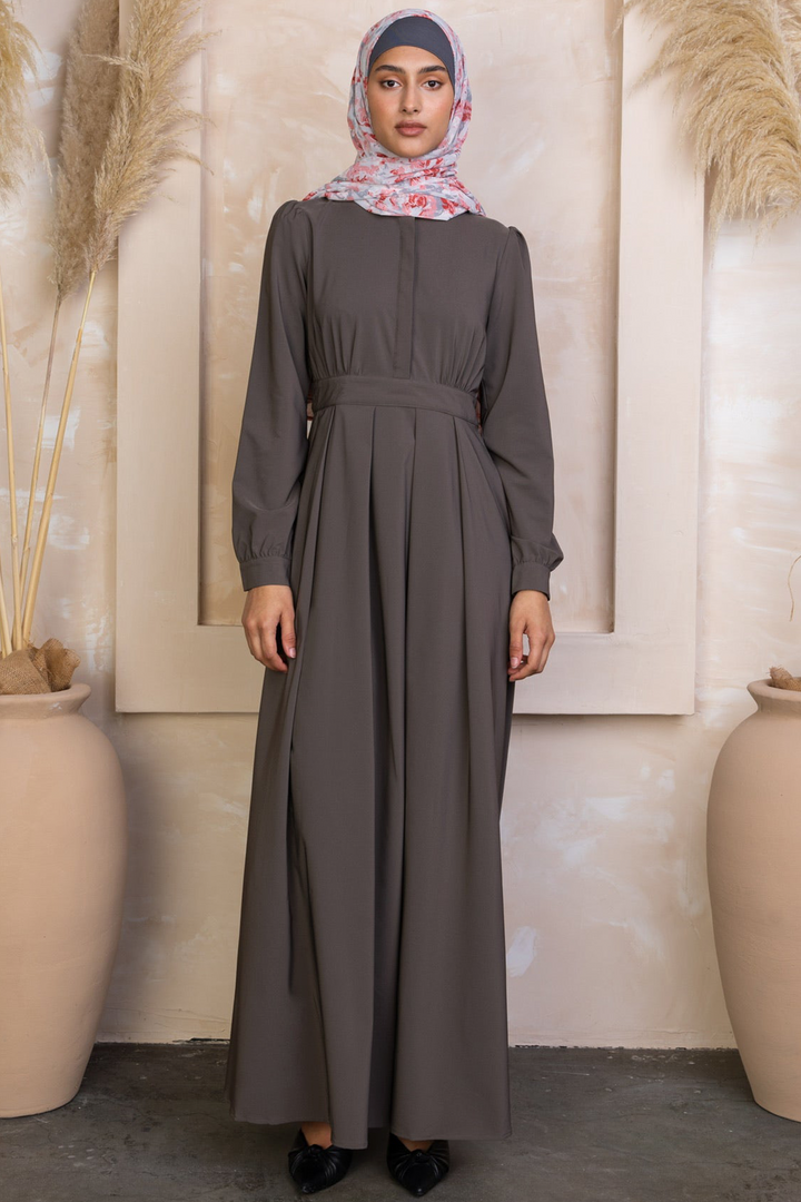 Long-sleeved gray maxi dress with floral hijab from Gray Lattice Abaya collection