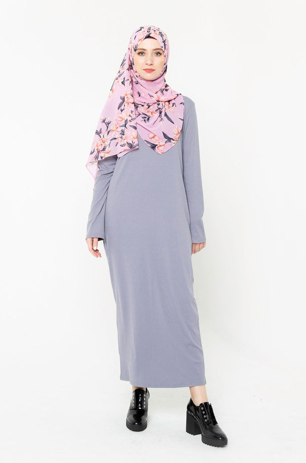 Woman in a long gray dress and floral hijab showcasing Gray Ribbed Jersey Maxi Dress