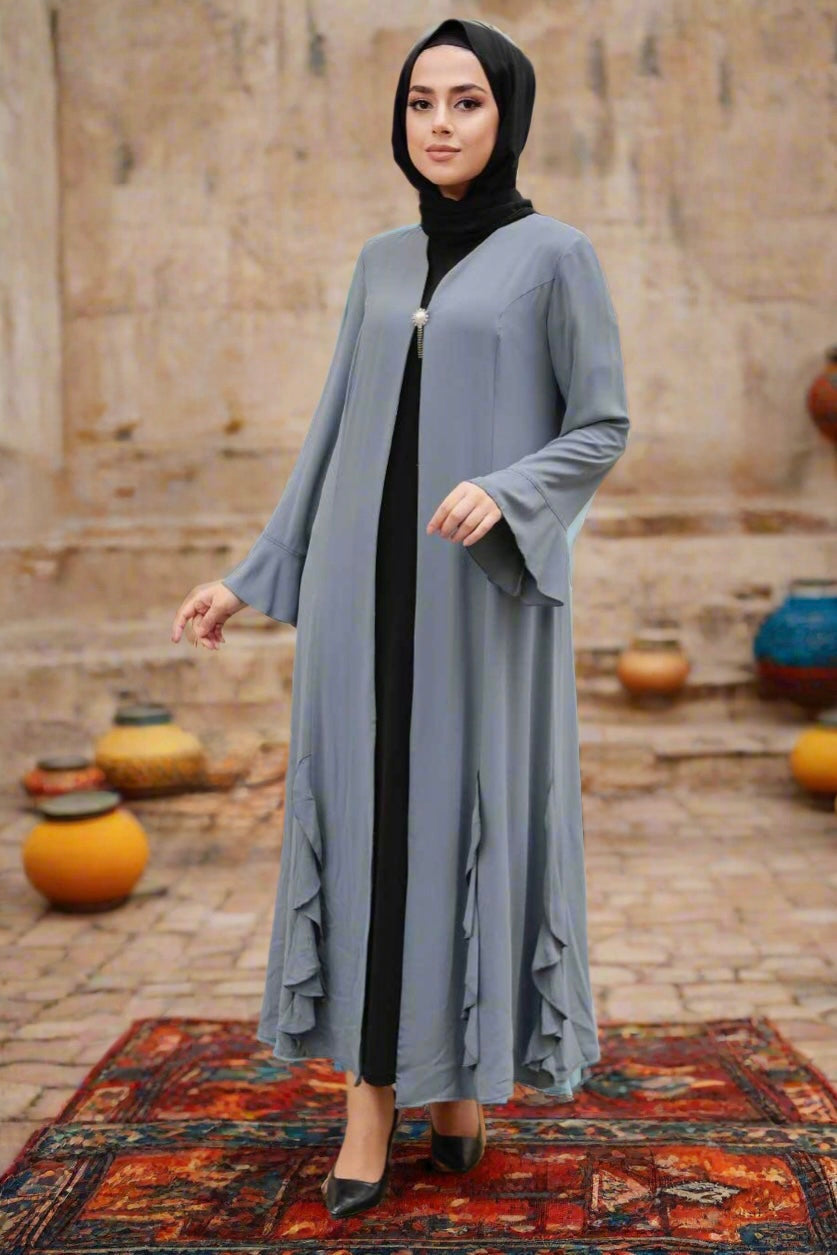 Gray Ruffle Open Abaya - Abayas