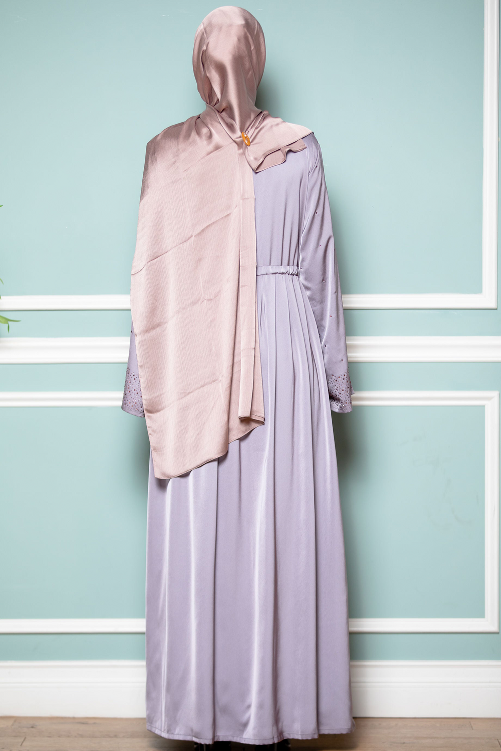 Lilac satin maxi dress with matching headscarf featured in Gray Satin Drawstring Open Front Abaya