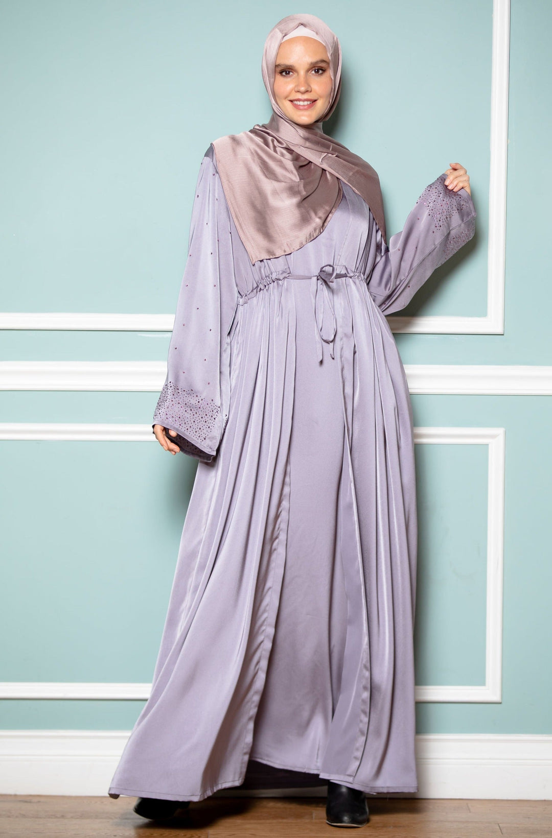 Woman in lilac satin abaya and hijab for Gray Satin Drawstring Open Front Abaya