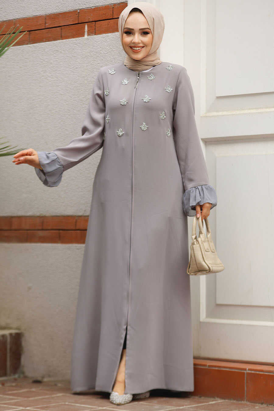 Gray Studded Abaya - Abayas